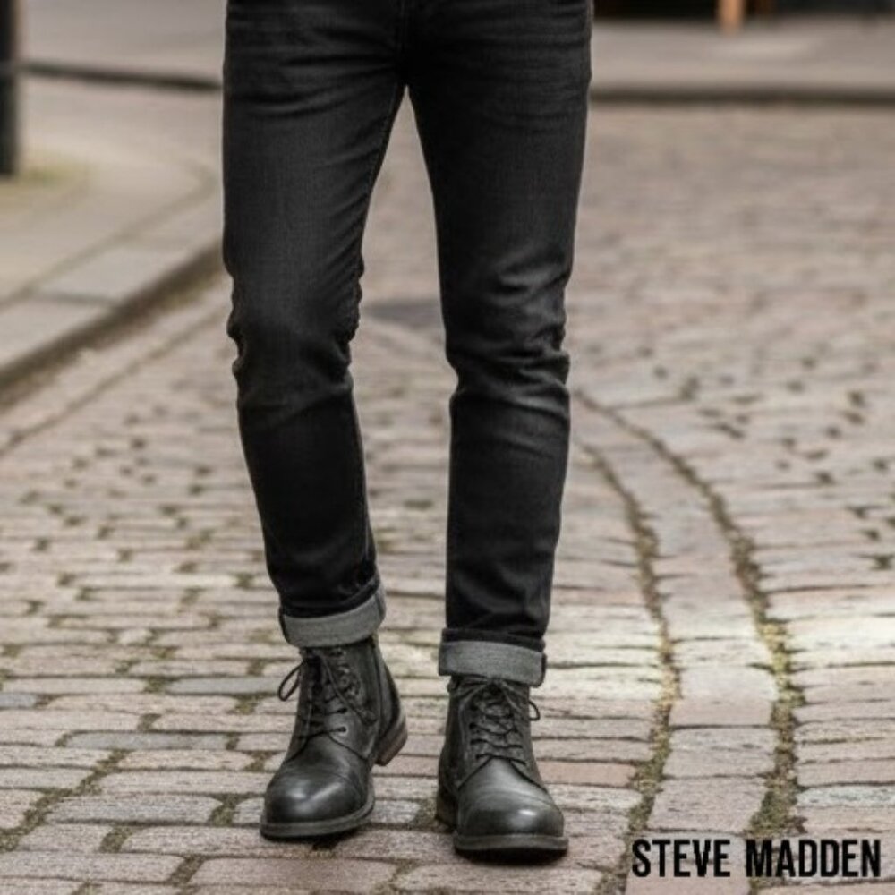 Steve Madden Men’s Leather Distressed Look Lace Up Side Zip Ankle Boots